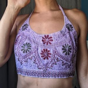 Purple Embroidered Halter Crop Top
